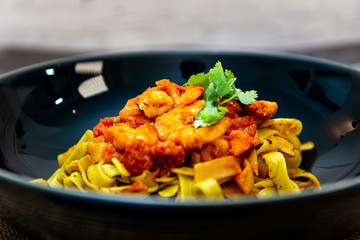 Pasta with Shrimp Dinner Dish on a the table