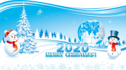 Happy New Year 2020. Christmas tree and snowman on the background of the planet Earth and nature