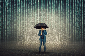 Businessman hiding face standing under umbrella shield to protect of internet viruses as matrix...