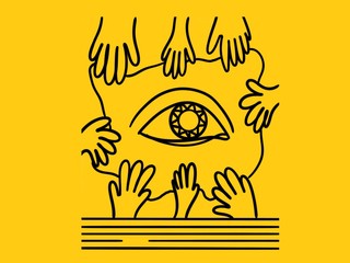  illustration hands eye yellow background.