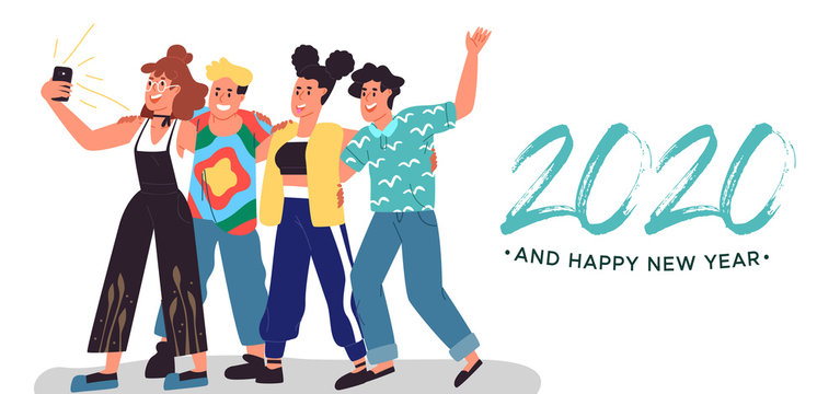 Happy new year 2020 social friends selfie card