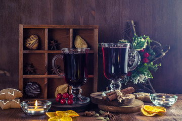 Mulled wine in a glass glass.