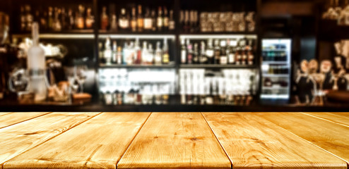 Wooden desk of bar and free space for your decoration.  - obrazy, fototapety, plakaty