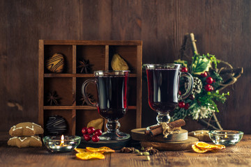 Mulled wine in a glass glass.