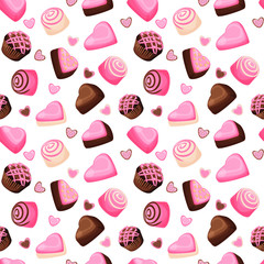 Valentine's day chocolate, strawberry candy seamless pattern, vector design.