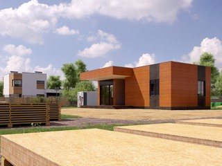 3d render of a modern frame building - detailed concept of construction. 3D illustration of the modern house with construction site.