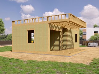 3d render of a modern frame building - detailed concept of construction. 3D illustration of the modern house with construction site.