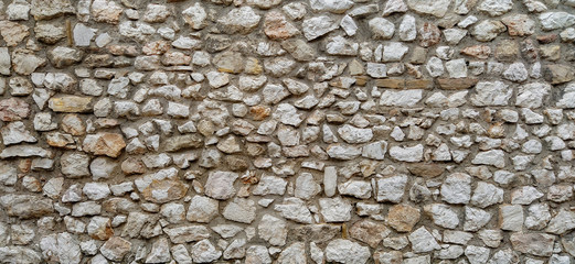 Cool and modern retro style of stone rock brick wall construction for interiors and exteriors. Natural materials look with cement for rough texture pattern.