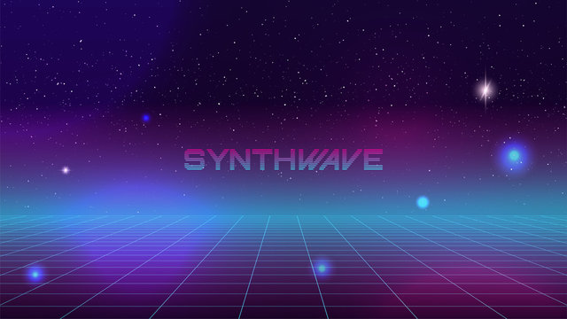 Synthwave Retro Futuristic Background. Abstract 80s perspective Grid on night Starry Sky. 80 sci-fi poster, banner, party flyer design template. Text Synthwave. Stock vector illustration