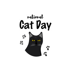 Greeting card with text National Cat Day. Portrait of bombay breed. Cute character with lettering.