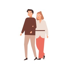 Modern middle-aged couple flat vector illustration. Marrieds, wedded pair, husband and wife. Relationship, family walk, love and tenderness concept. Man and woman with glasses cartoon characters.