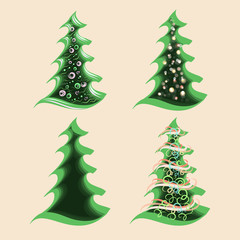 Set of Abstract Christmas trees for Greeting Cards. Elements of Green Magic Forest, Park or Garden for Children Book Decoration. Holiday Objects for the Game Isolated on White Background