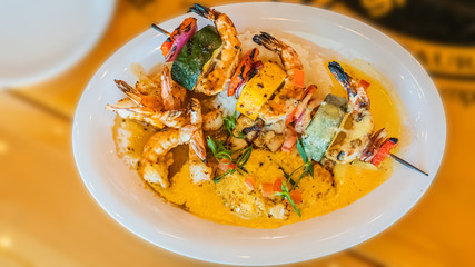 Spicy salad of fresh prawn salad in a hill-top restaurant on The Peak Hong Kong's popular viewpoint. Taken from a real location.