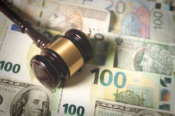 Gavel on banknotes. Law, corruption concept