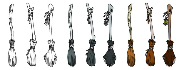 Set of different witch brooms isolated on white. Brooms, different color options. Black line. Hand drawing. Stock illustration. 