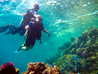 Woman scuba diver and beautiful colorful coral reef underwater