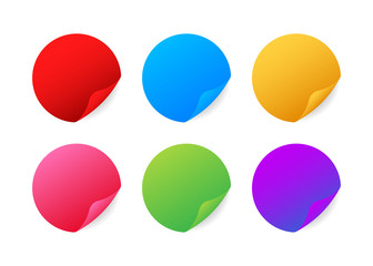 Realistic stickers. Round multicolored stickers with folded edges. Vector stock illustration.