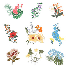A collection of diverse floral bouquets, different flowers.
