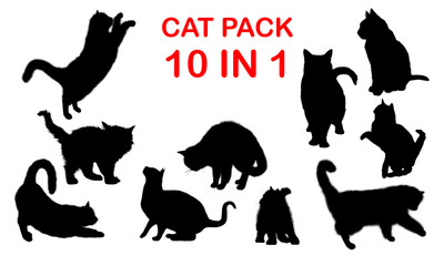 Silhouettes of cat premium pack, 10 detailed, cat vectors