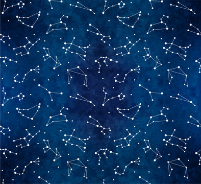 Seamless pattern with zodiac constellations on watercolor background. Vector zodiac signs.