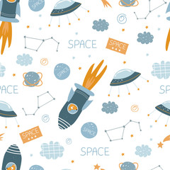 Modèle sans couture de l& 39 espace, galaxie, fusées dans l& 39 espace. Illustration vectorielle pour l& 39 impression sur tissu, papier d& 39 emballage, carte postale, papier peint. Fond de bébé mignon.