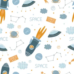  Naadloos patroon van ruimte, melkweg, raketten in de ruimte. Vectorillustratie voor afdrukken op stof, inpakpapier, ansichtkaart, behang. Schattige baby achtergrond. © Дмитрий Бондаренко