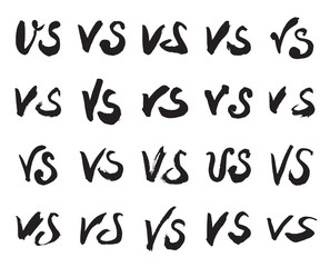Versus Symbols. Collection of 20 Black Hand Painted VS Signs Isolated On a White Background. Vector Illustration