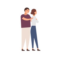 Obraz premium Family row flat vector illustration. Young couple feeling aggrieved. Quarrel result, resentment, relationship problems, conflict concept. Apologizing man and offended woman cartoon characters.