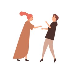 Young couple flat vector illustration. Family conflict, bickering pair, quarreling husband and wife. Relationship problems, understanding lack concept. Fighting man and woman cartoon characters.