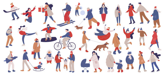 Set of isolated vector illustration of people wearing warm winter clothes.