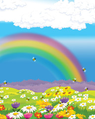 cartoon scene with funny looking farm ranch meadow on the hill - illustration for children
