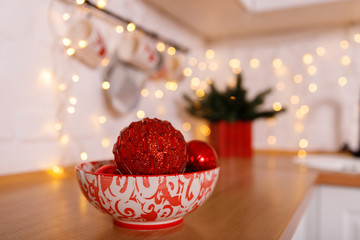Kitchen decorated for Christmas in red colour