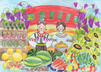Obraz na płótnie Canvas Drawing in children style Fresh organic farm vegetables