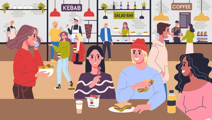 People having lunch at in food court. Female and male characters eating