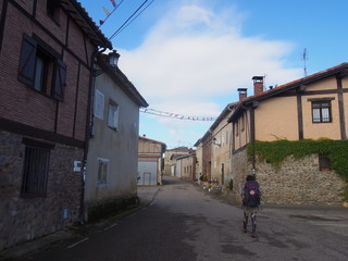 Pilgrim on the road to Santiago de Compostela, Camino de Santiago, Way of St. James, Journey from Granon to Tosantos, French way, Spain