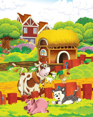 cartoon scene with cow having fun on the farm on white background - illustration for children