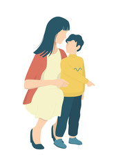 Beautiful mother sitting next to her son. Young woman and cute child.