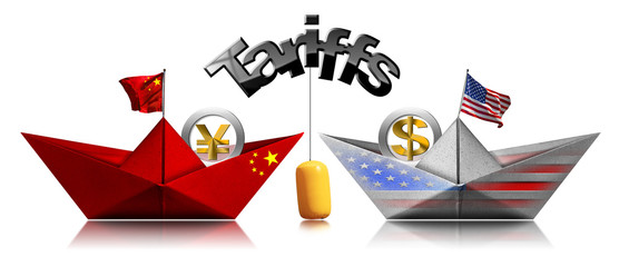 USA and China trade war concept. Two paper boats with national flags and currency symbols and...
