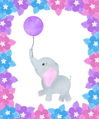 Greeting card elephant cute little and flowers balloon watercolor illustration animals
