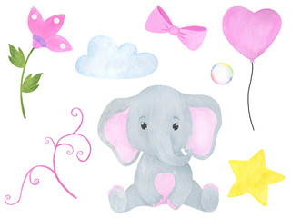  Elephant cute little watercolor illustration set of flowers balloons cloud star bow soap bubble