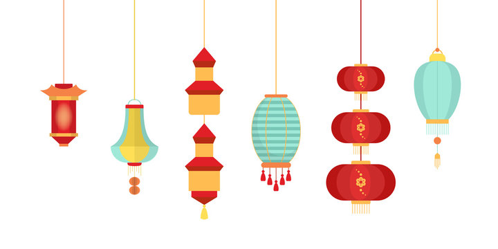 Set of various Chinese lanterns of different colors and shapes