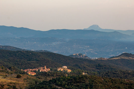 Cam&eacute;las, small catalan village, castle of Corb&egrave;re and Pech de Bugarach 