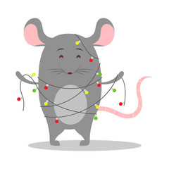 Cute Christmas rat. Animal character holding festive stuff.