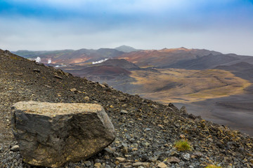 View from the Hverfjall volcano summit to the Hverir geothermal area on Iceland