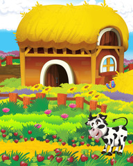 cartoon scene with cow having fun on the farm on white background - illustration for children