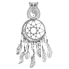 Dreamcatcher with abstract owl on white. Mystic symbol with patterned bird. Black and white illustration for colouring