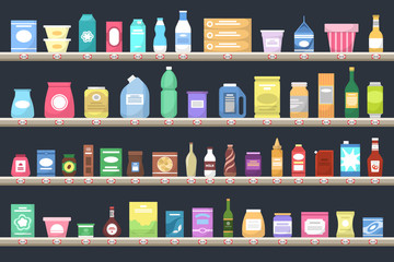 Supermarket shelves with various products. Groceries on shelves.