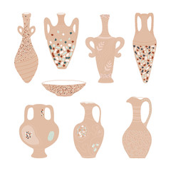 Set of jugs, amphorae and plates in pastel colors with mosaic terrazzo isolated on a white background in hand drawn style. Vector stock illustration