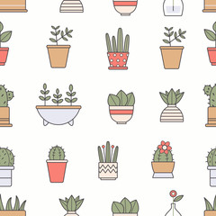 Various flower pots. Home plants and flowers. Minimalistic floral icons. Colored vector seamless pattern. Cartoon style, simple flat design. Trendy illustration. White background