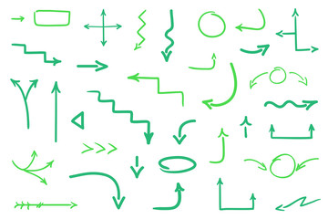 Colored arrow on white. Set of sketchy signs. Hand drawn abstract arrows